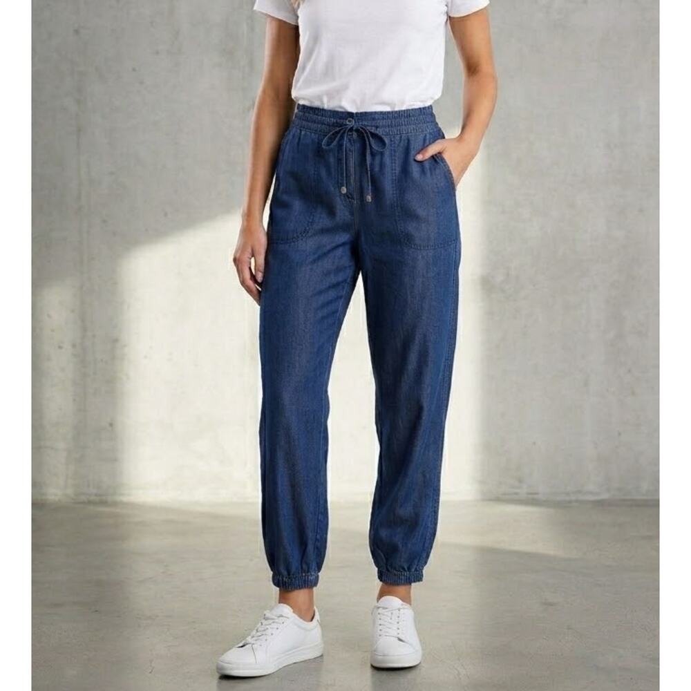 NWT Tahari Drawstring Jogger Denim Cargo Pants Blue Enzyme Wash High Rise Size S